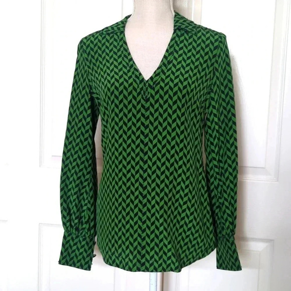 Tory Burch Navy and Green Chevron Silk Blouse - Picture 1 of 6